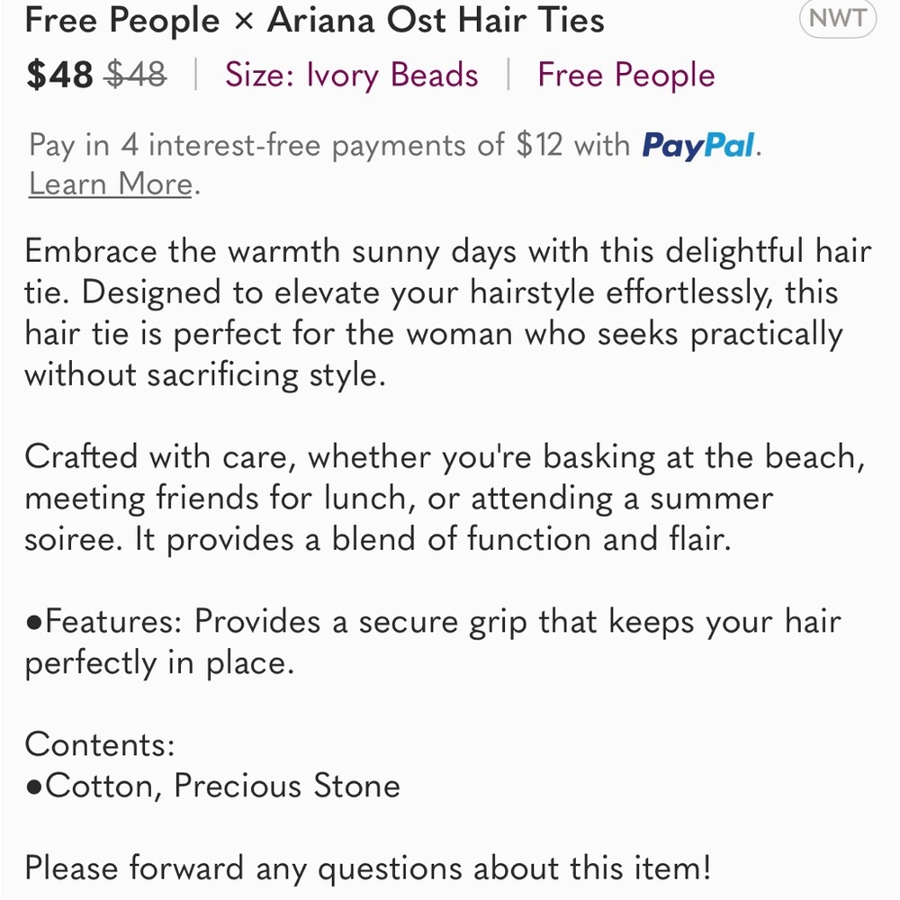 Free People Ariana Ost Dripping In Sun Hair Tie in White and Tan NWT - Picture 9 of 9
